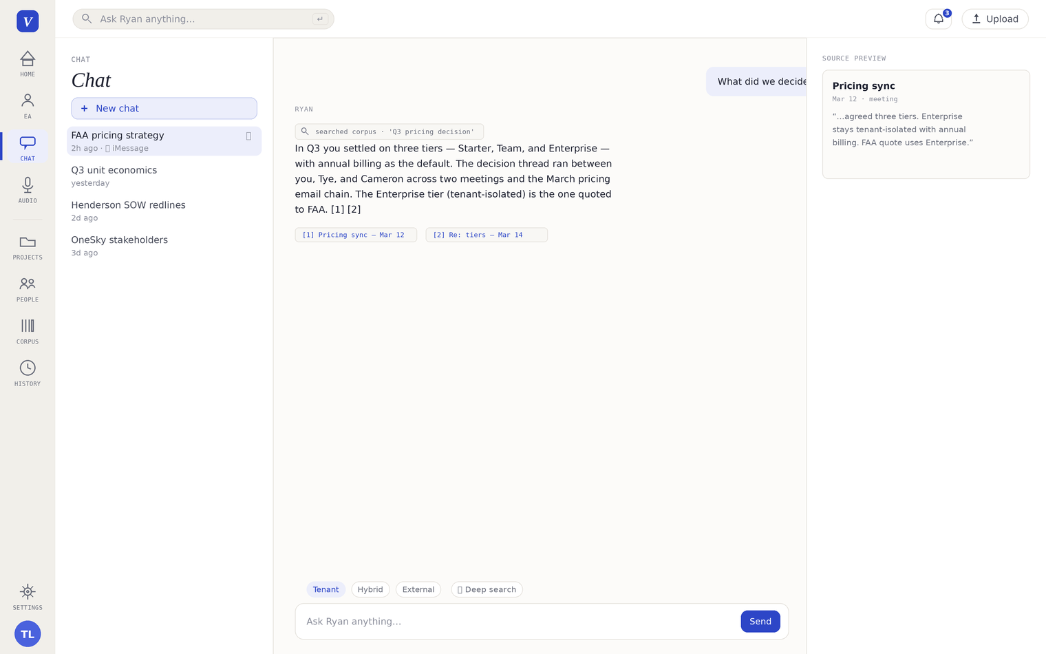 Chat with the assistant: question, cited answer, Source Preview panel, mode picker for Tenant / Hybrid / External plus Deep search