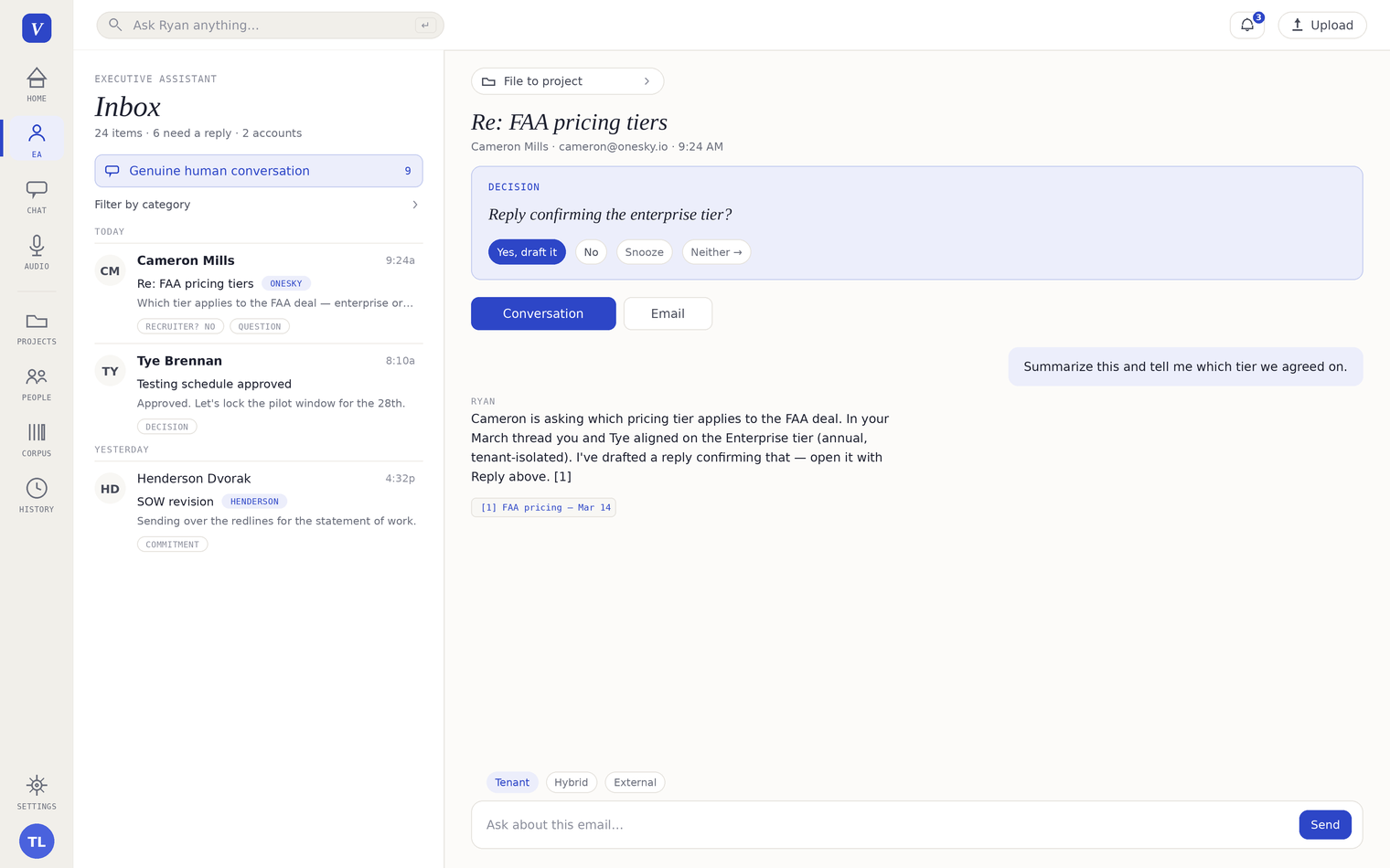 Smart inbox: selected email with one-tap decision card (Yes / No / Snooze / Neither), in-context assistant reply with citations, and mode picker