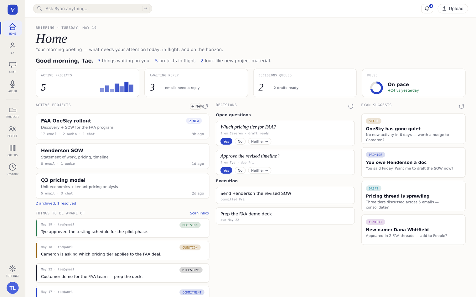 The Hub's Home screen: morning briefing with Pulse dial, active projects, decision cards, and the assistant's suggestions