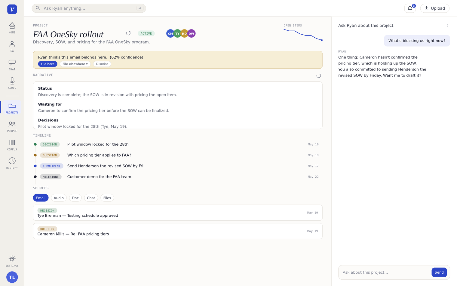 Project workspace: auto-generated briefing, categorized timeline of decisions and commitments, source list, project-aware chat