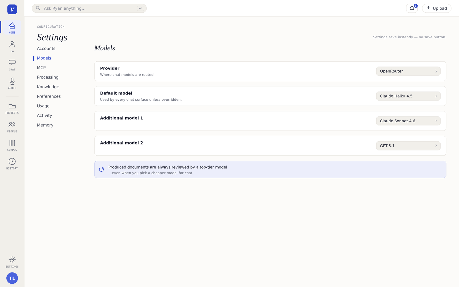 The Hub's Models settings: provider OpenRouter, default model Claude Haiku 4.5, additional models Claude Sonnet 4.6 and GPT-5.1 — with a note that produced documents are always reviewed by a top-tier model
